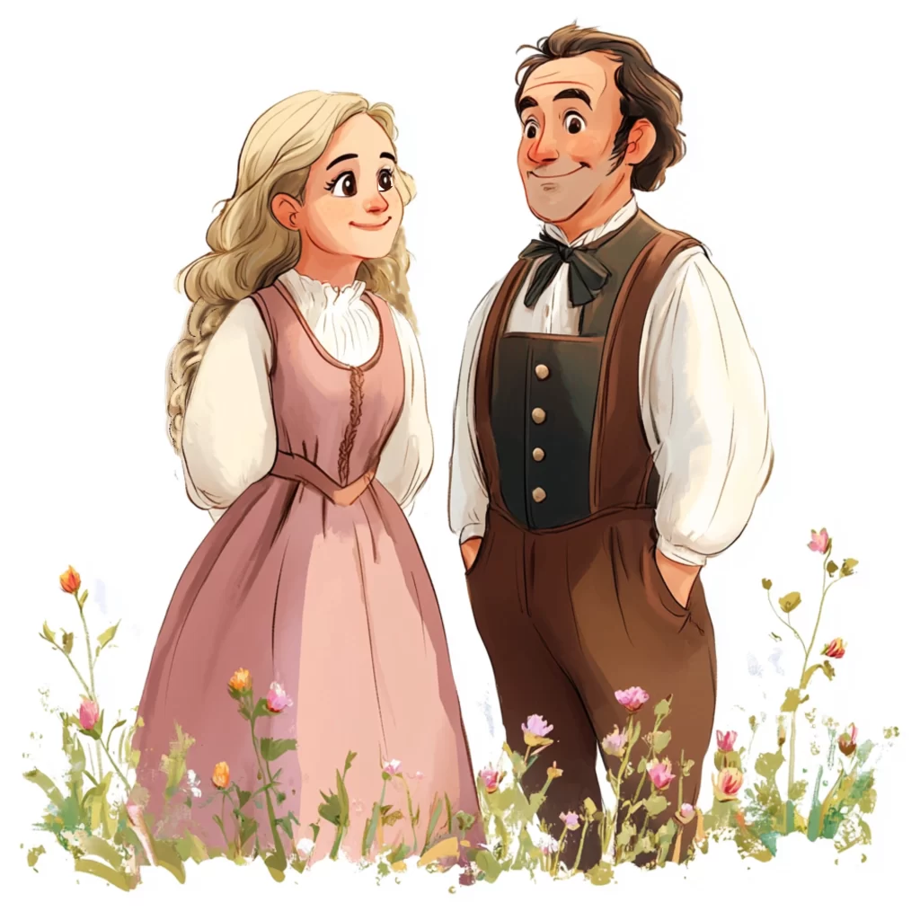 Cinderella smiling with her father before her stepmother arrives, showing their happy life together