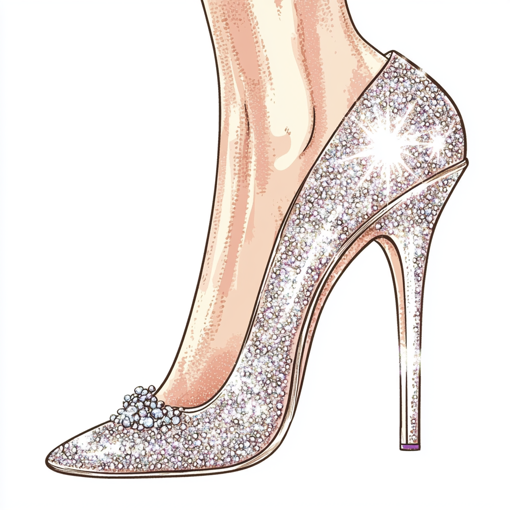 Cinderella successfully fitting the glass slipper on her foot as the prince realizes she is the girl from the ball.