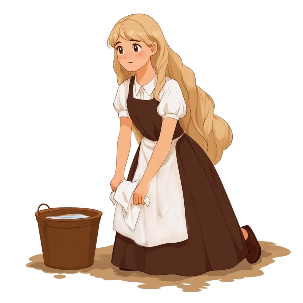 Cinderella in ragged clothes scrubbing the floor as her stepmother and stepsisters mistreat her.