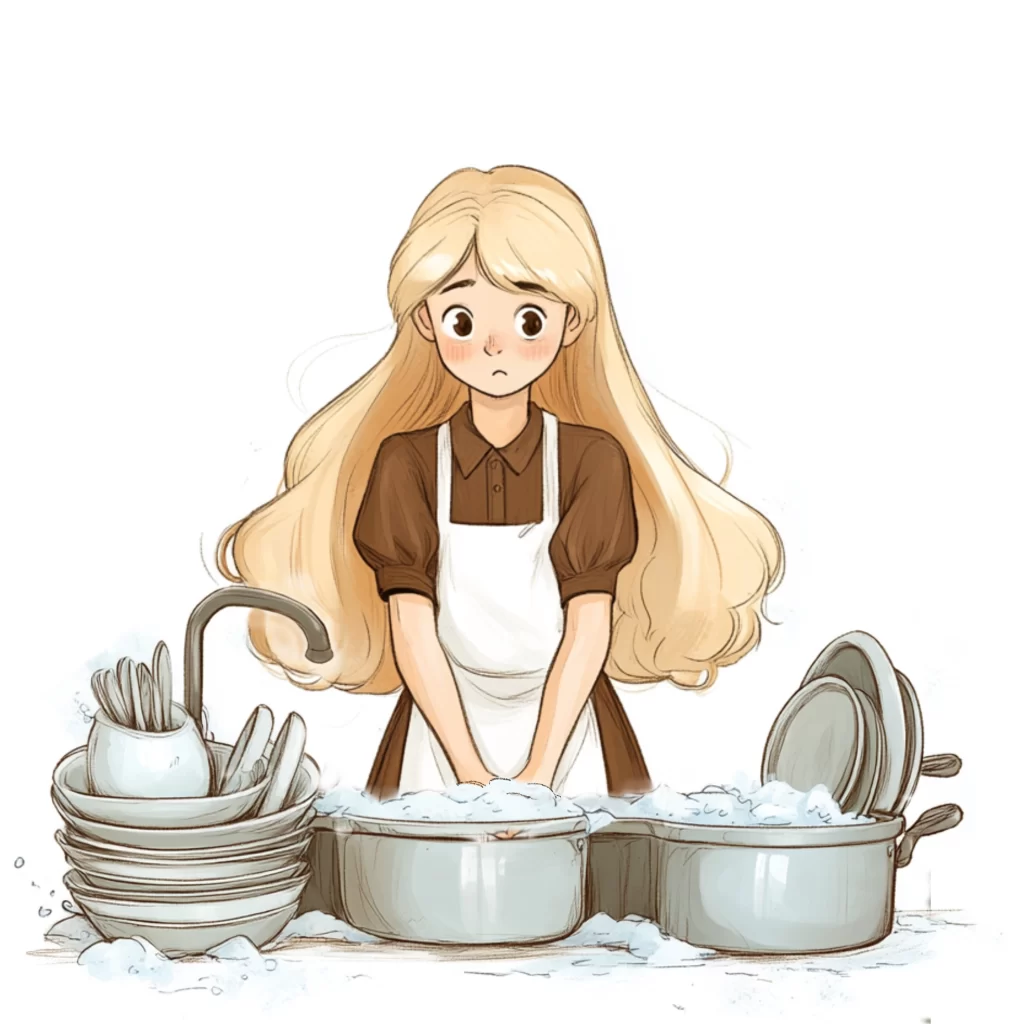 Cinderella washing dishes in her ragged clothes, showing her hardworking and kind nature despite her mistreatment.
