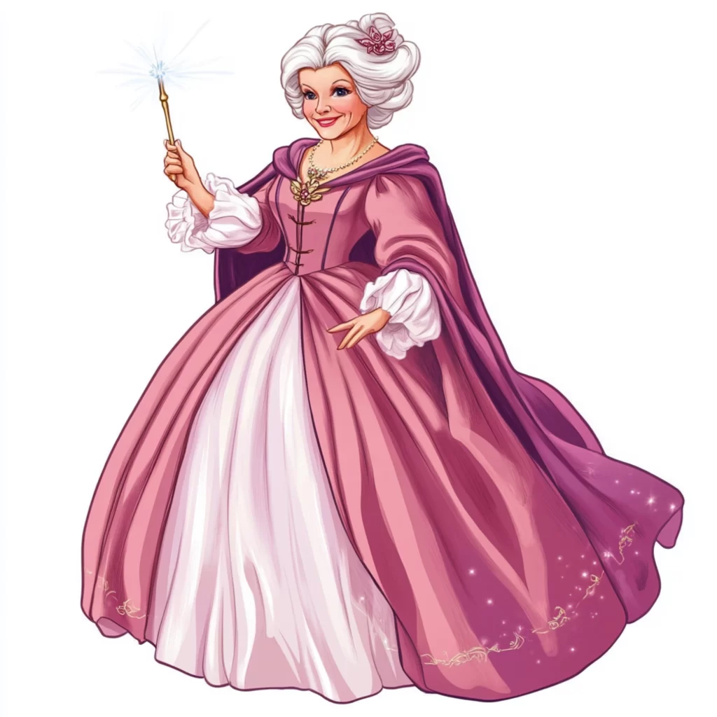 The fairy godmother using magic to transform Cinderella for the royal ball, a key magical moment in the fairy tale.