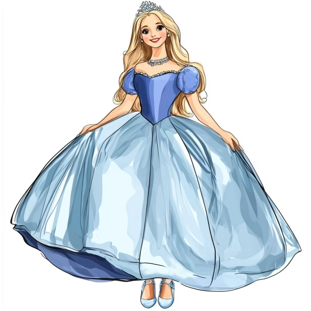 Cinderella wearing a beautiful ballgown, ready for the royal ball, created by her fairy godmother’s magic.