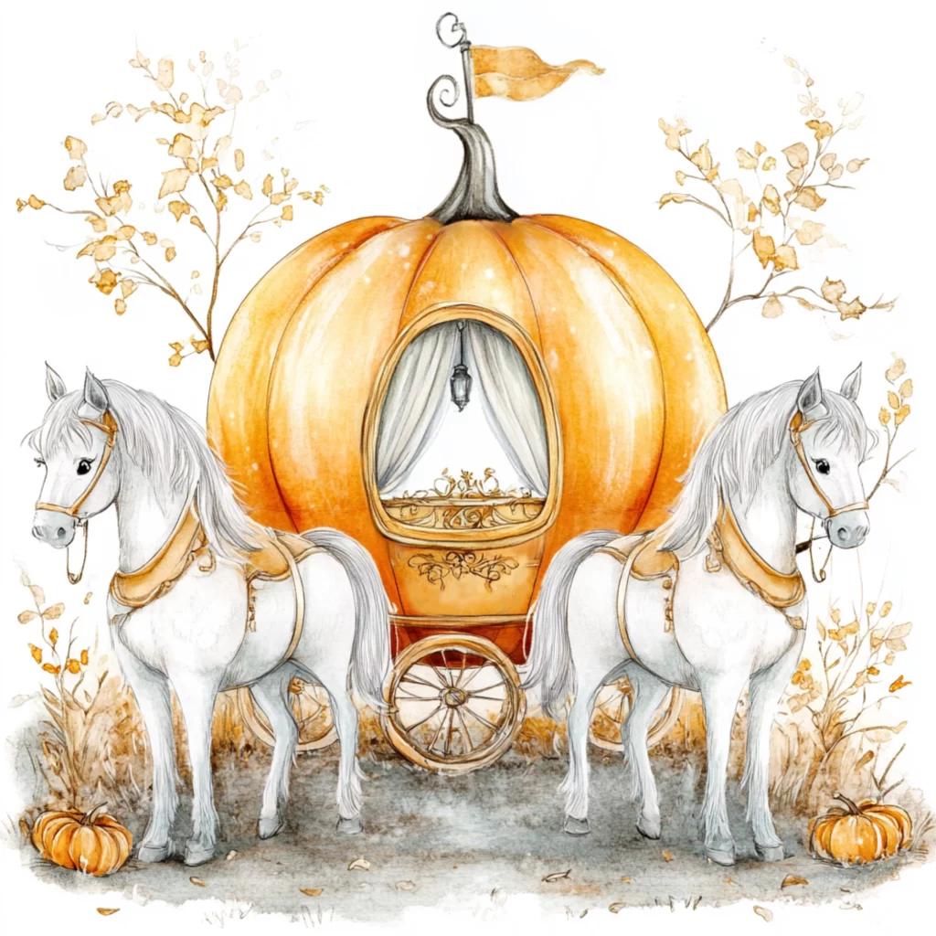 Cinderella riding in the magical pumpkin carriage on her way to the prince’s royal ball.