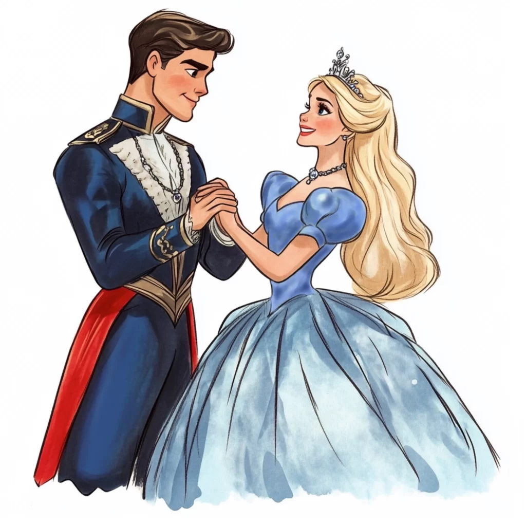Cinderella and the prince dancing together at the royal ball, unaware that midnight is approaching.